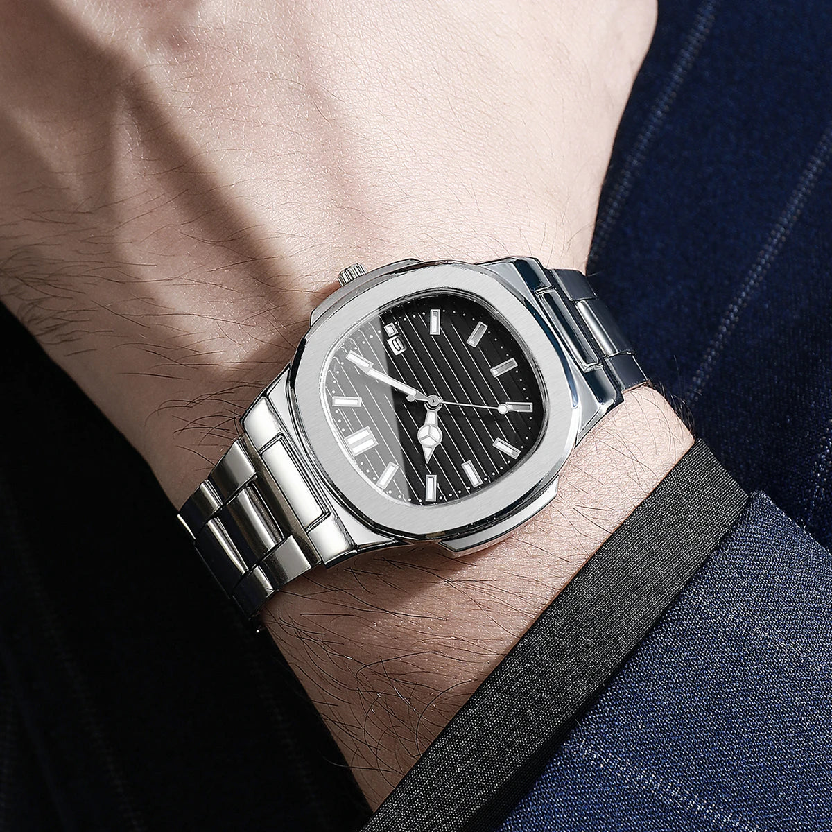 Men’s Business Square Dial Quartz Watch – Stainless Steel Strap with Calendar