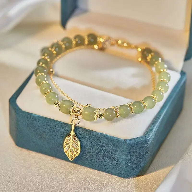 Women’s Green Jade Bracelet – Gold Leaf Double Chain Bangle, Elegant Gift