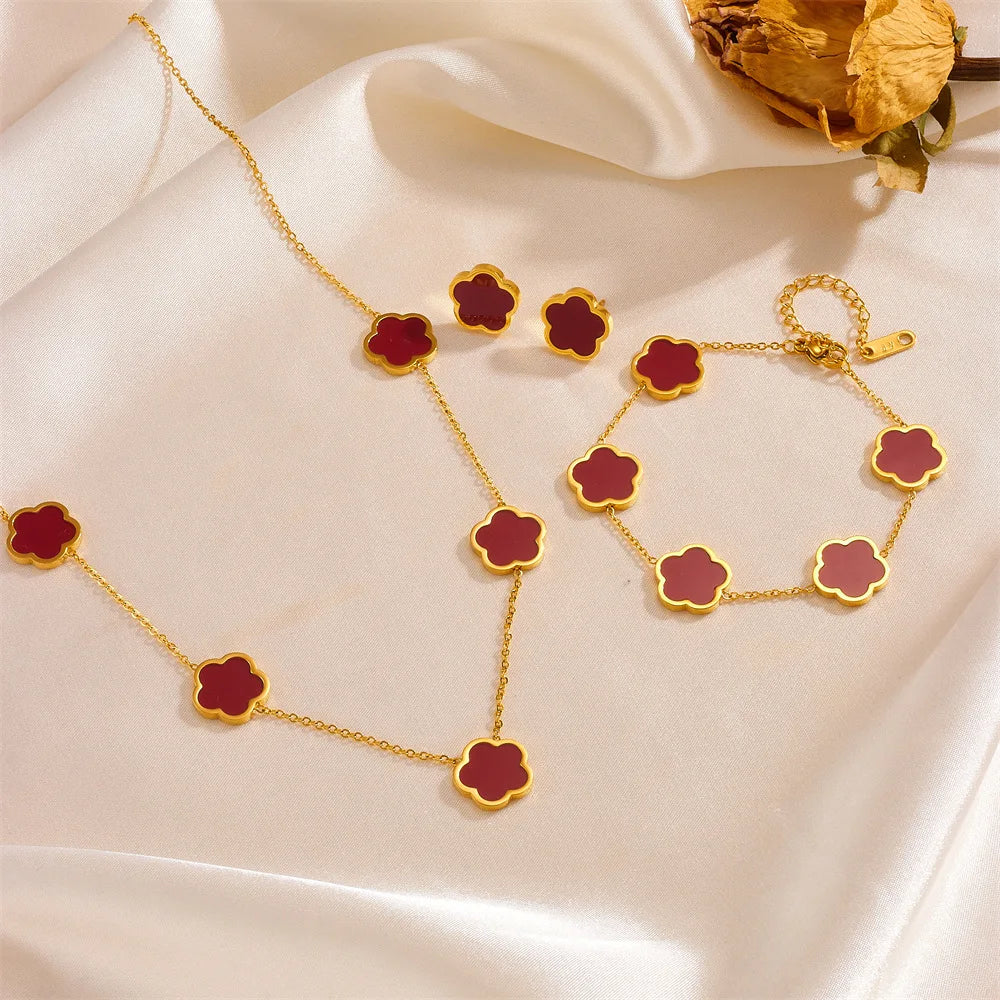 Women’s Trendy 18K Gold Plated Jewelry Set – Five Leaf Clover Necklace, Bracelet & Earrings, Stainless Steel Jewelry Para Mujer.