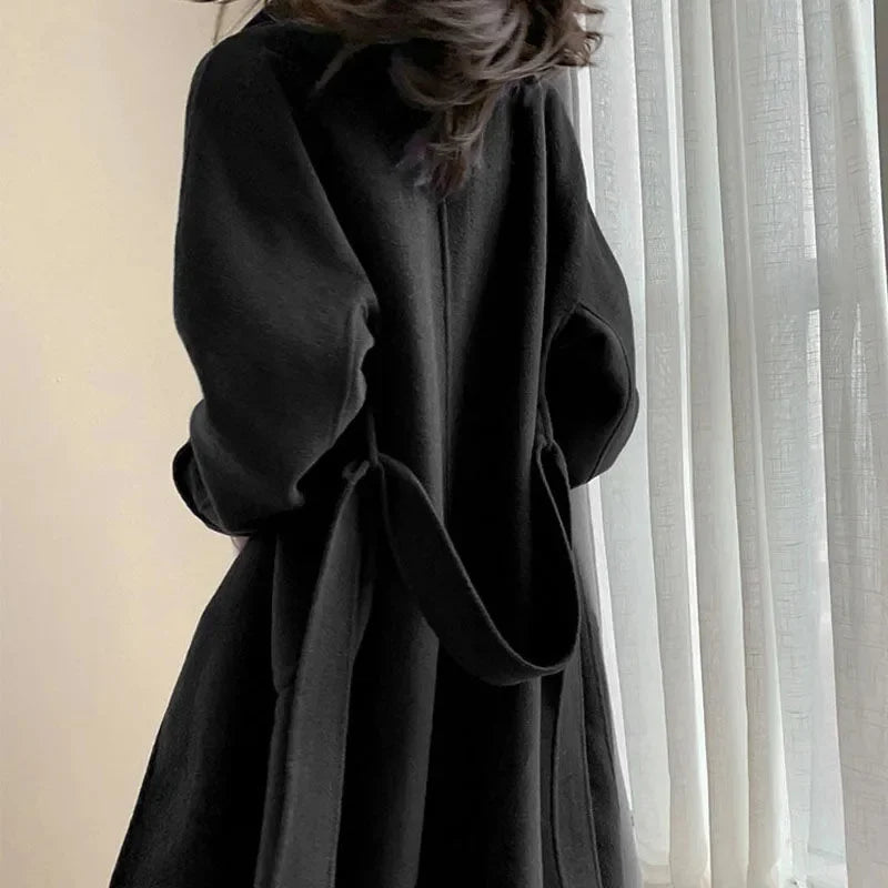 Women’s Winter Wool Coat – Korean Fashion Long Thick Black Harajuku Style