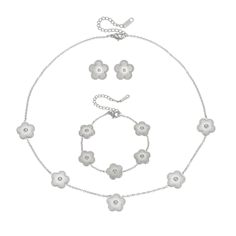 Women’s Trendy 18K Gold Plated Jewelry Set – Five Leaf Clover Necklace, Bracelet & Earrings, Stainless Steel Jewelry Para Mujer.