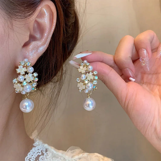 Vintage Pearl & Diamond Flower Earrings – Elegant Jewelry Gift for Girls