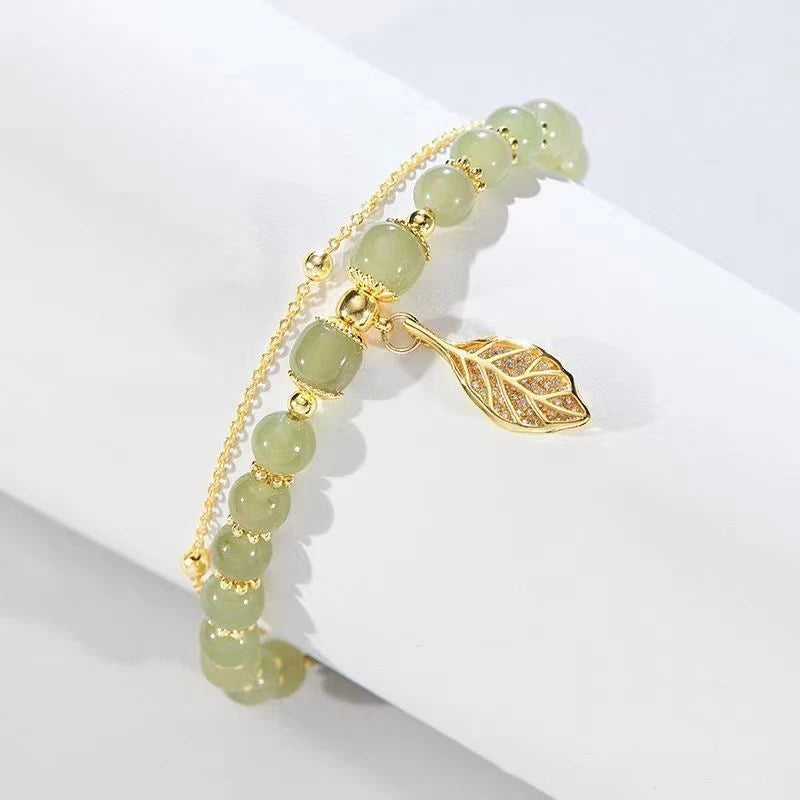 Women’s Green Jade Bracelet – Gold Leaf Double Chain Bangle, Elegant Gift