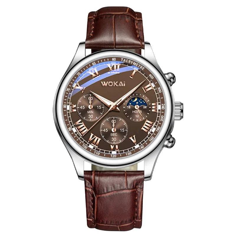 Wokai Brand Men’s Watch – Quartz Sports Casual Leather Wristwatch, Elegant Business Relogio Relojes at Affordable Price