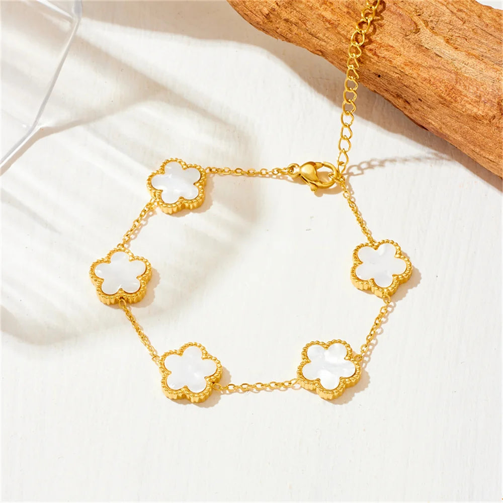 Women’s Trendy 18K Gold Plated Jewelry Set – Five Leaf Clover Necklace, Bracelet & Earrings, Stainless Steel Jewelry Para Mujer.