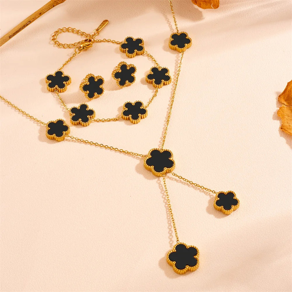 Women’s Trendy 18K Gold Plated Jewelry Set – Five Leaf Clover Necklace, Bracelet & Earrings, Stainless Steel Jewelry Para Mujer.