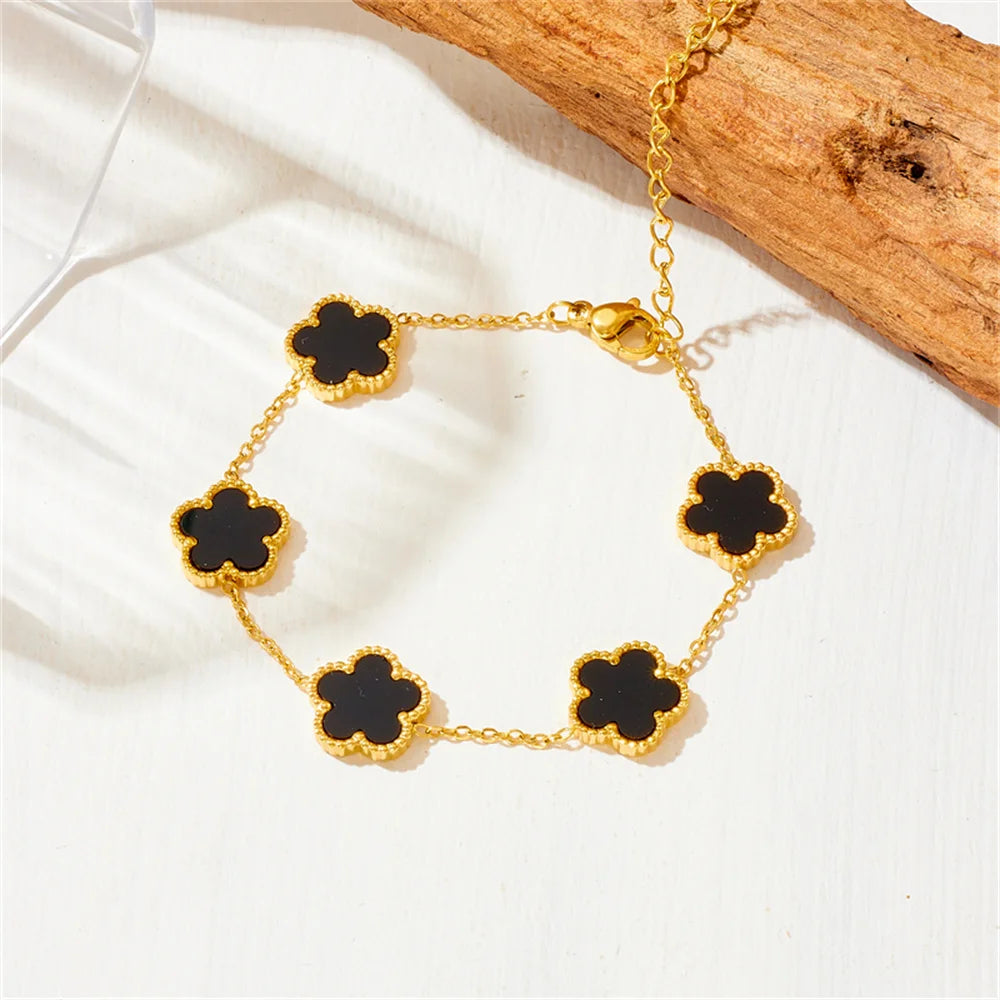 Women’s Trendy 18K Gold Plated Jewelry Set – Five Leaf Clover Necklace, Bracelet & Earrings, Stainless Steel Jewelry Para Mujer.