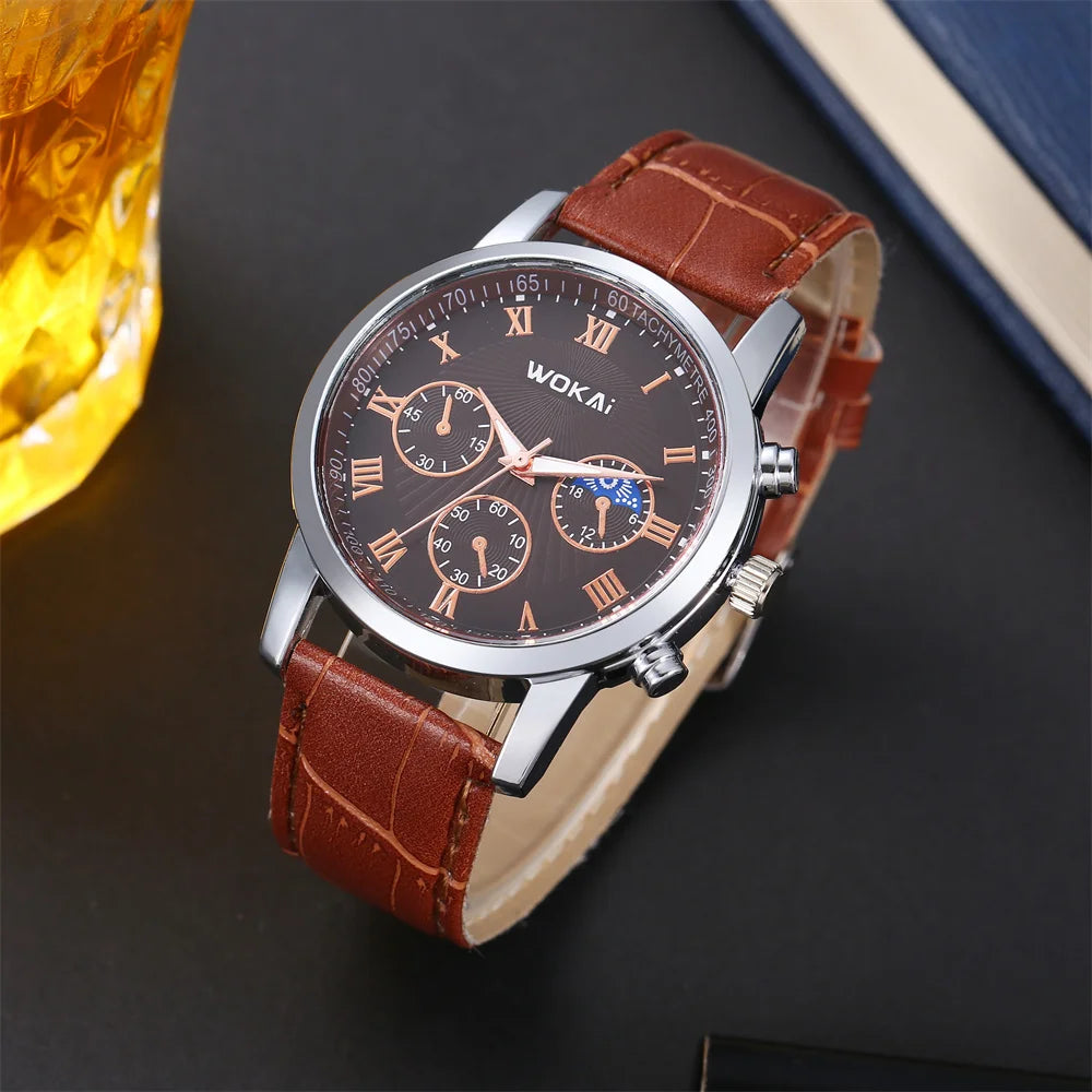 Wokai Brand Men’s Watch – Quartz Sports Casual Leather Wristwatch, Elegant Business Relogio Relojes at Affordable Price