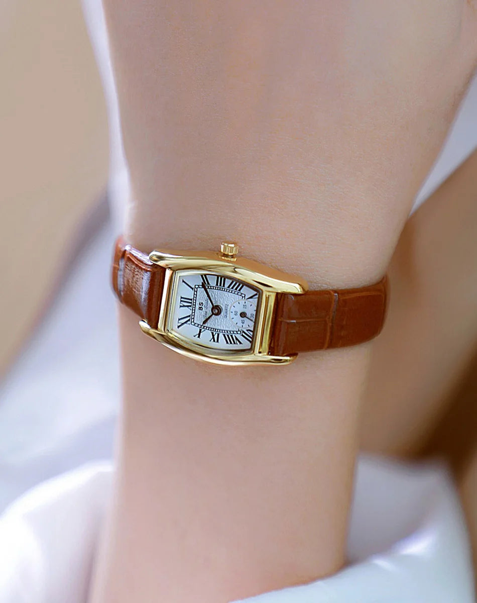 Women’s Vintage Rectangle Watch – Elegant Leather Strap, Golden Quartz 2025