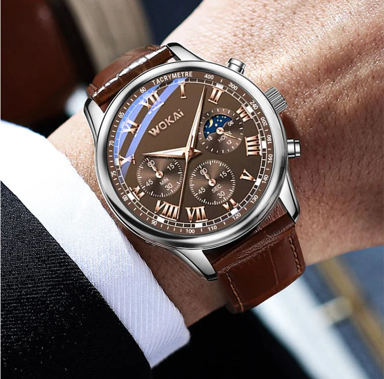 Wokai Brand Men’s Watch – Quartz Sports Casual Leather Wristwatch, Elegant Business Relogio Relojes at Affordable Price