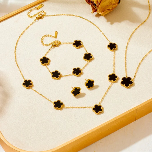 Women’s Trendy 18K Gold Plated Jewelry Set – Five Leaf Clover Necklace, Bracelet & Earrings, Stainless Steel Jewelry Para Mujer.