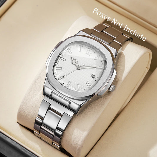 Men’s Business Square Dial Quartz Watch – Stainless Steel Strap with Calendar
