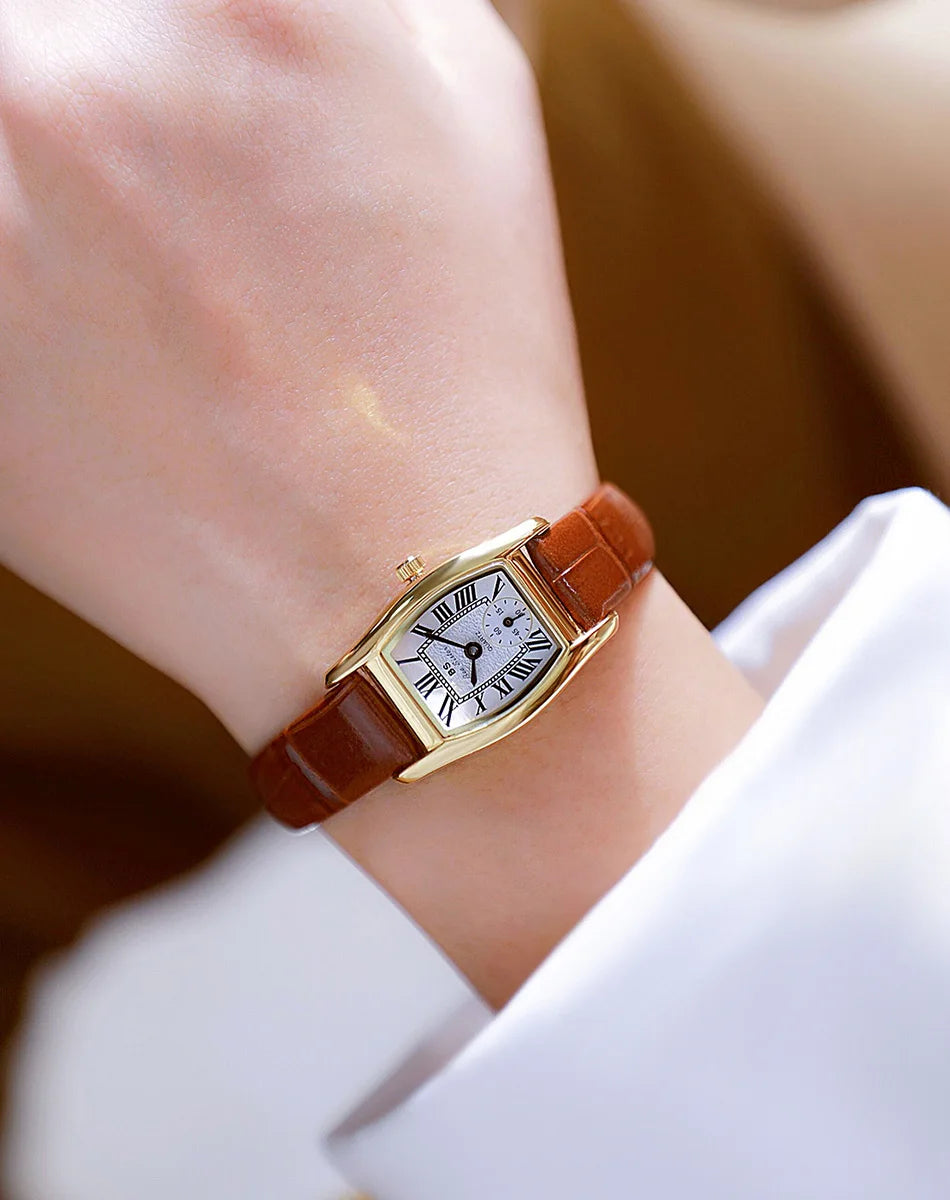 Women’s Vintage Rectangle Watch – Elegant Leather Strap, Golden Quartz 2025