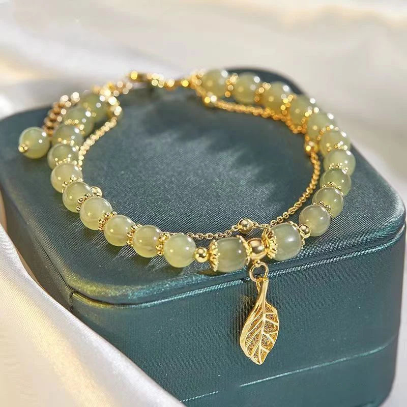 Women’s Green Jade Bracelet – Gold Leaf Double Chain Bangle, Elegant Gift