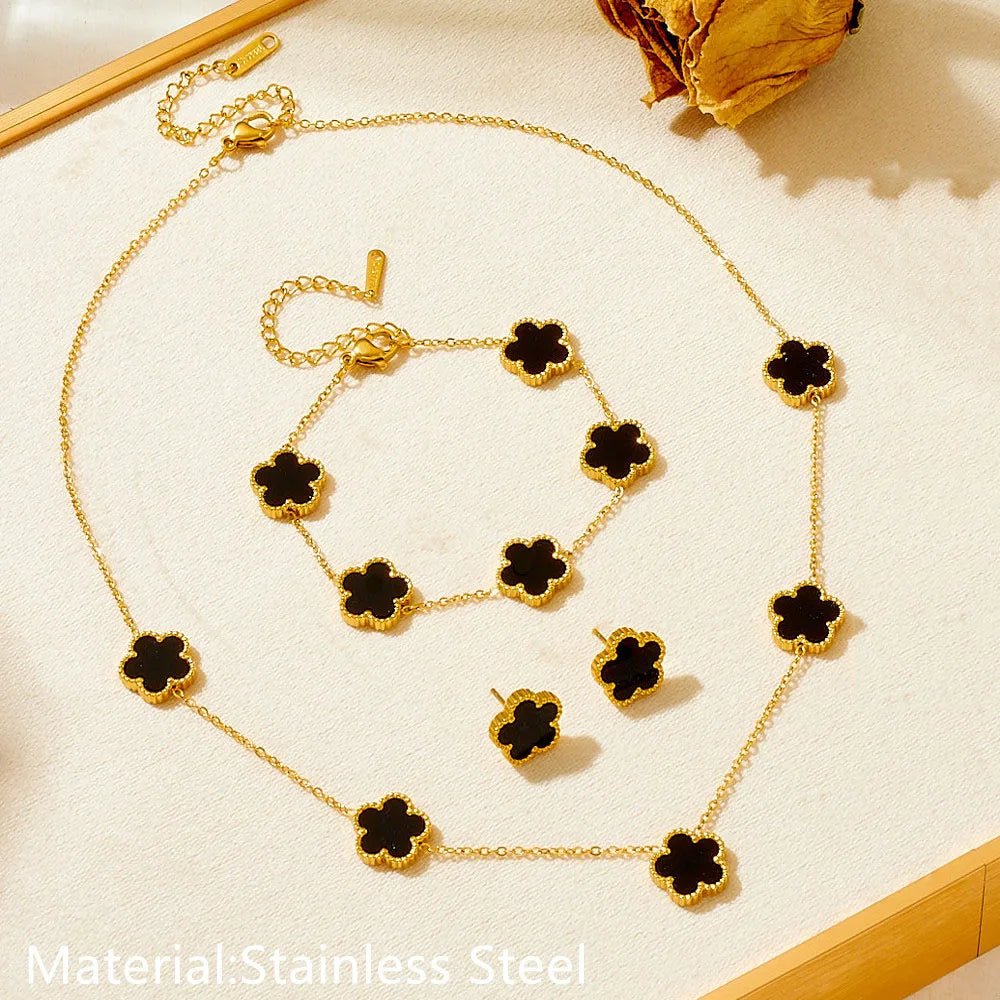 Women’s Trendy 18K Gold Plated Jewelry Set – Five Leaf Clover Necklace, Bracelet & Earrings, Stainless Steel Jewelry Para Mujer.