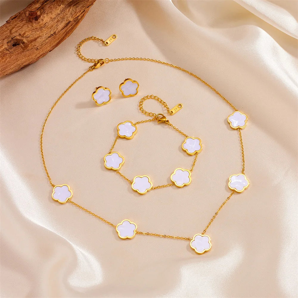 Women’s Trendy 18K Gold Plated Jewelry Set – Five Leaf Clover Necklace, Bracelet & Earrings, Stainless Steel Jewelry Para Mujer.