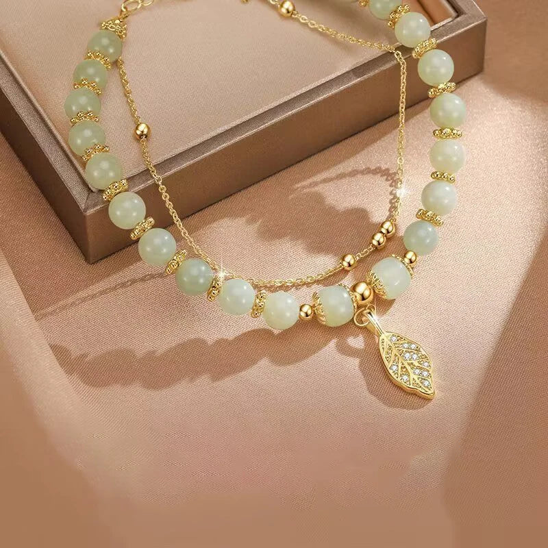 Women’s Green Jade Bracelet – Gold Leaf Double Chain Bangle, Elegant Gift